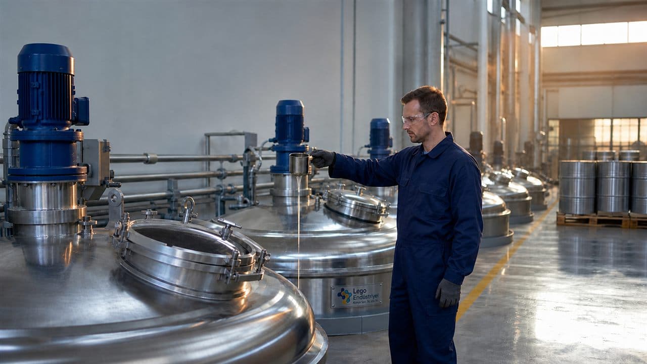 Boya üretim tesisinde paslanmaz karıştırıcı tanklar ve viskozite kontrolü yapan teknisyen